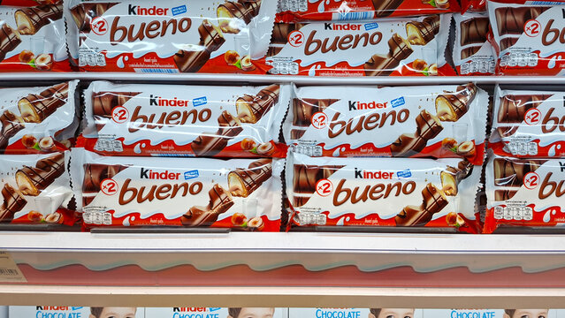 Many Kinder Bueno chocolate bars stacked on a supermarket shelf on March 28, 2026 in Nonthaburi, Thailand.