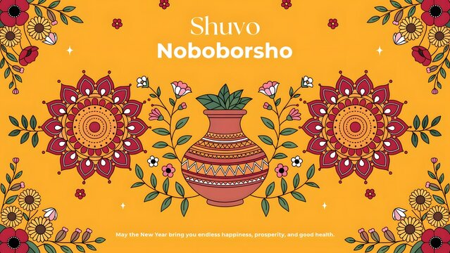 Shuvo Noboborsho: Bengali New Year Illustration with Floral Mandalas and Traditional Pot