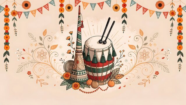 Traditional Assamese Bihu Festival Decor with Drum and Wind Instrument