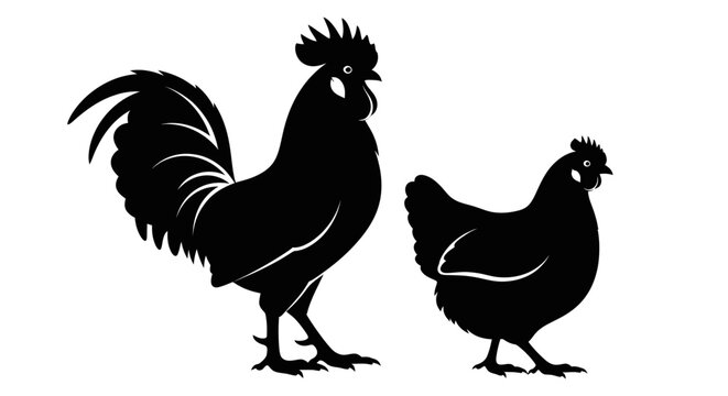 Rooster and Hen Silhouettes - Farm Animals