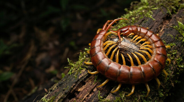 Macro freeze-motion of an Amazonian giant centipede (Scolopendra gigantea) wrapping around and gripping prey with wide copy space