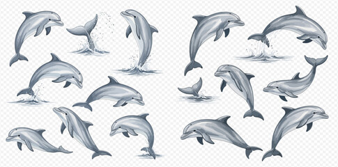 Set of jumping dolphins with water splashes isolated on transparent background, vector illustration. © Akun