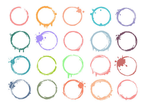 Colorful coffee stain rings with splashes and drips. Abstract grunge circle textures isolated on white, ideal for overlays, branding, packaging and modern graphic design projects