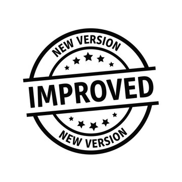 A circular black and white stamp displays the word improved with stars and new version text high quality professional