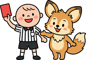 Fototapeta premium Cute referee with fox holding red card, illustration style