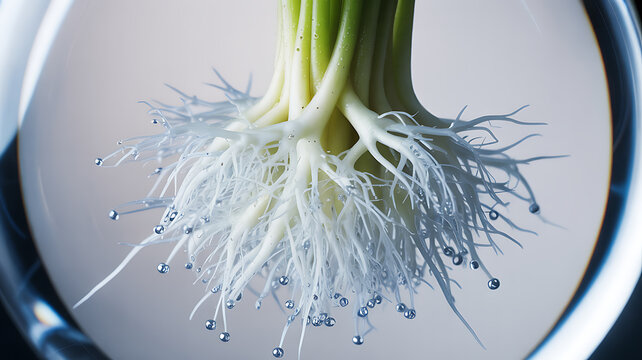 Close up of plant roots growing in water for hydroponics research