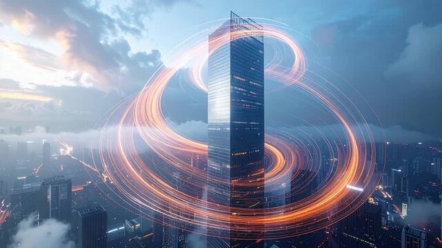 A tall skyscraper amidst a swirling light pattern above a city skyline