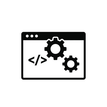 A simple black icon depicts a computer screen displaying gears and code brackets symbolizing software development