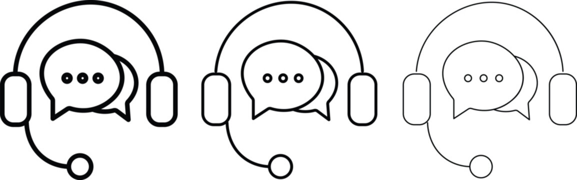 Minimalist customer service headset icons with speech bubbles, black line art call center support symbols, technical assistance vector set