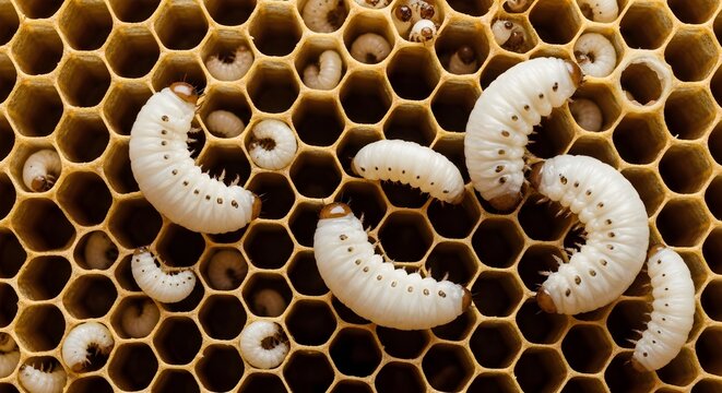 Close‑up photograph of bee larvae curled inside open honeycomb cells, revealing early developmental stage of honey bees within the hive before capping, pupation and emergence as fully formed adult wor