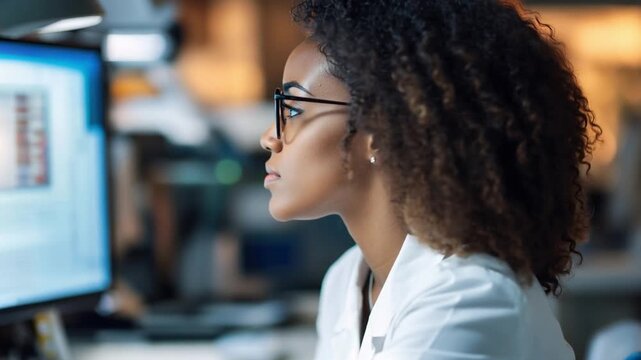 Focused Scientist at Work: A close-up view of a dedicated scientist engrossed in data analysis on a computer, the essence of scientific inquiry and discovery.