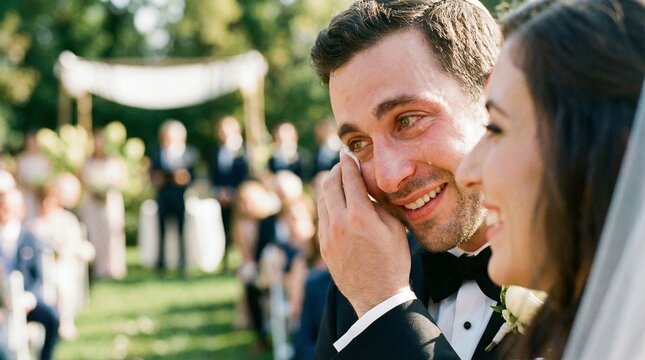 Groom smiling and wiping tears during wedding ceremony in garden  