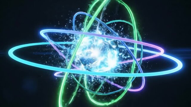 Abstract glowing atom molecule with spinning rings and particles for science physics nuclear energy
