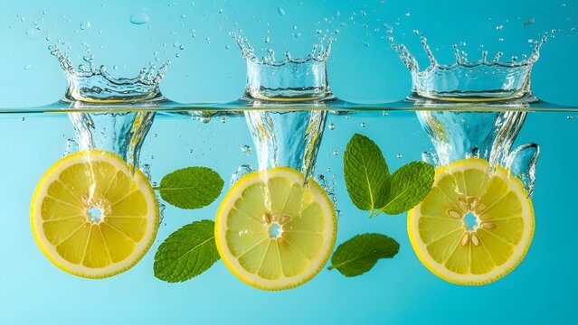Fresh Lemon Slices Splashing Into Water With Mint Leaves Refreshing Drink Concept And Healthy Citrus Beverage Background