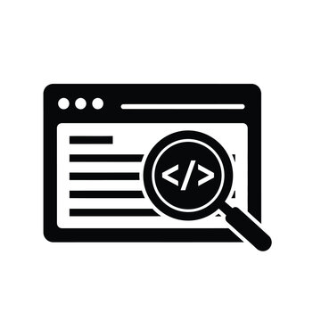 A black and white line icon depicting a computer screen with a magnifying glass over code