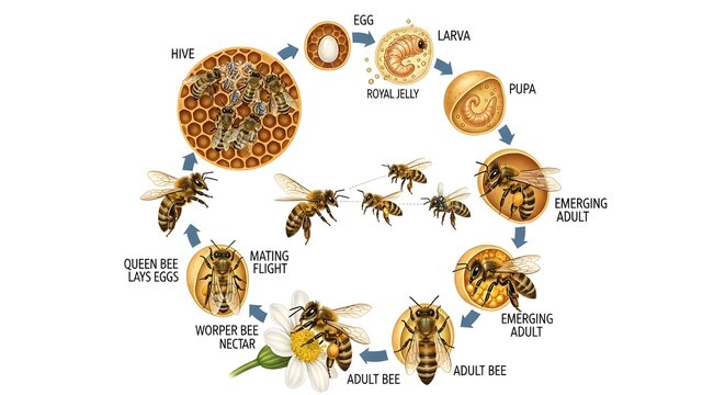 Honey bee reproduction life cycle diagram showing queen bee laying eggs in comb, eggs developing into larvae, pupae and emerging adults, then worker bees nectaring on flowers, illustrating complete me