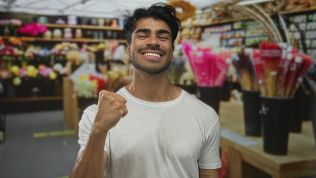 Man pumping fist with broad smile before colorful bloom buckets on street outside flower shop; triumph.