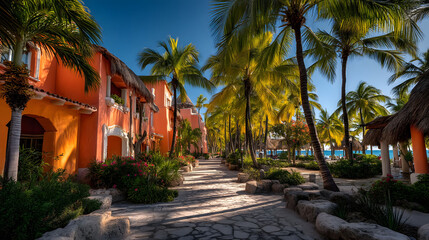 Fototapeta premium Tropical Resort Pathway with Vibrant Architecture and Palm Trees for Summer Vacation Design