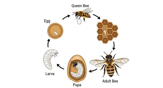 Simplified honey bee life cycle illustration showing queen bee and comb, single egg, grub‑like larva, enclosed pupa and fully formed adult worker bee, arranged in a circle to explain complete insect m