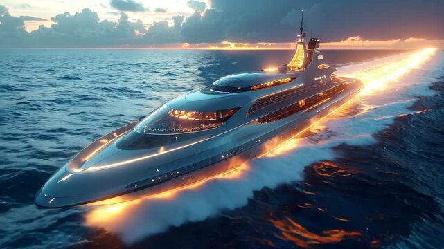 A futuristic yacht glides across the water, ablaze with light at sunset