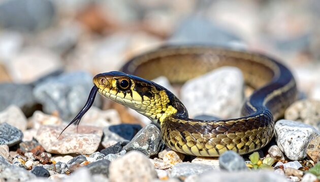 A close-up of a garter snake on a rocky surface.