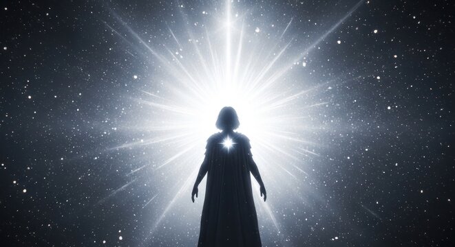 Cloaked figure silhouette standing in a radiant star filled space