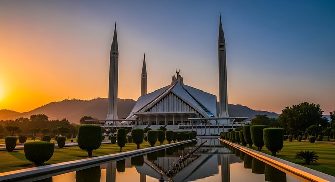 Faisal Mosque Islamabad Pakistan Sunset View.