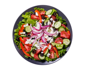 plate of salad with fresh vegetables and feta cheese isolated on transparent background, top view