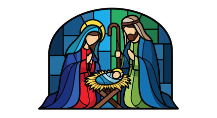 Stained Glass Nativity Scene: Mary, Joseph, and Baby Jesus in Manger