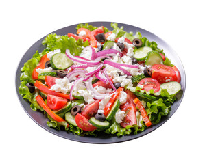 plate of salad with fresh vegetables and feta cheese isolated on transparent background