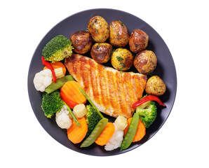 plate of grilled chicken with steamed vegetables and baked potatoes isolated on transparent background, top view