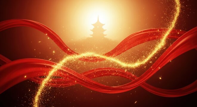 Abstract golden red background with glowing waves and temple