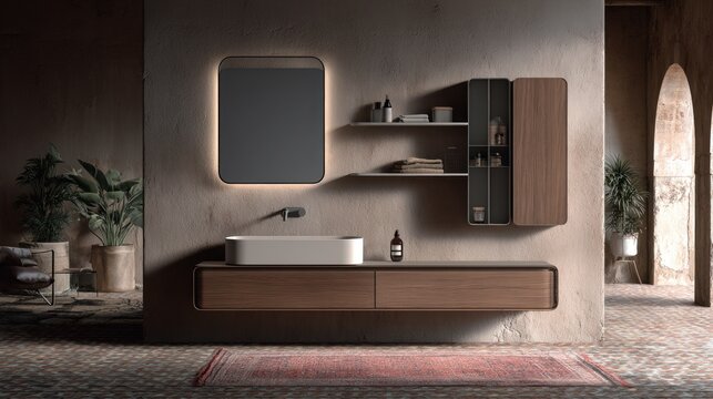 Modern bathroom interior with floating vanity mirror and storage cabinet