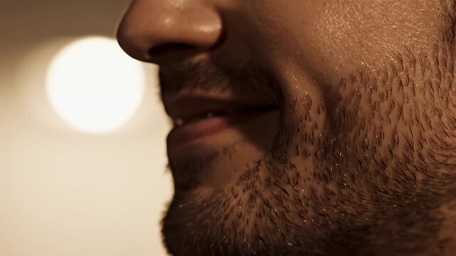 Close Up Of Man S Cheek With Sweat And Glitter Shimmering Under Soft Lighting With Blurred Warm Background