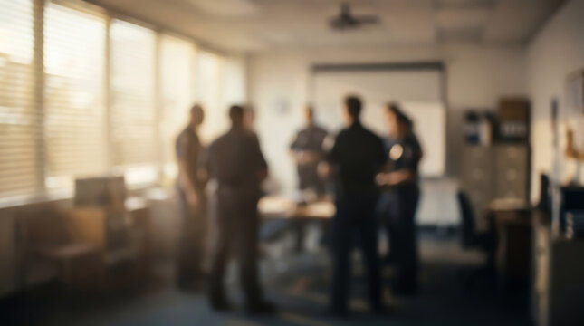 Blurred image of a group of police officers holding a morning briefing in a bright office