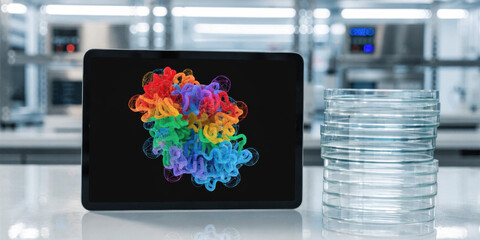 Fototapeta premium Vibrant molecular model pharmaceutical technology displayed on tablet in laboratory