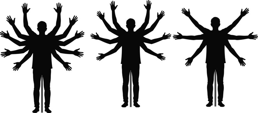 Silhouette of man with multiple arms as symbol for multitasking productivity efficiency busy professional person or Hindu deity mythological figure