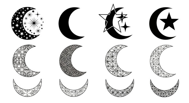 Diverse collection of decorative crescent moon and star graphic icons, featuring various styles from simple silhouettes to intricate patterned designs, ideal for celestial themes