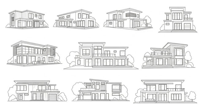 Modern house architectural line drawings.