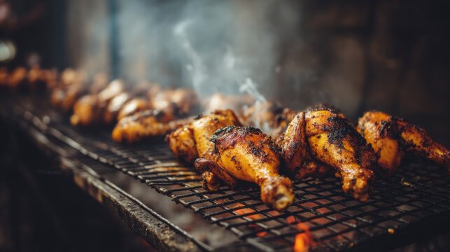 Grilled Chicken Legs on Charcoal Grill with Smoke and Flavor