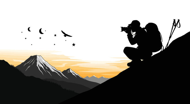 Silhouette of photographer capturing mountain landscape under starry night