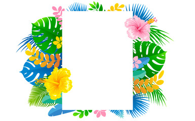 Obraz premium Frame with tropical leaves and flowers. Background with hibiscus flowers and tropical leaves of monstera, palm, banana and other. Border with exotic plants. Vector illustration