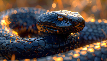 A close-up photo of a black snake with shiny scales curled up in grass with sunlight.