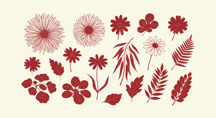 Vintage Hand Drawn Botanical Illustration Set with Floral Silhouettes and Garden Leaf Elements Pack © Salma