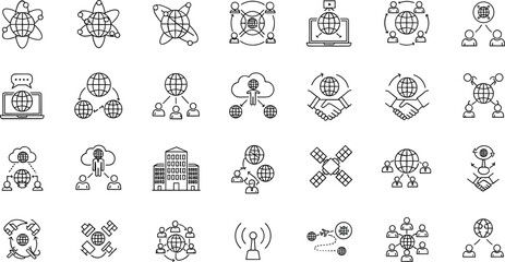 Obraz premium Global artificial intelligence and digital network line icon set featuring cloud computing, neural connections, satellites, data exchange and worldwide technology systems