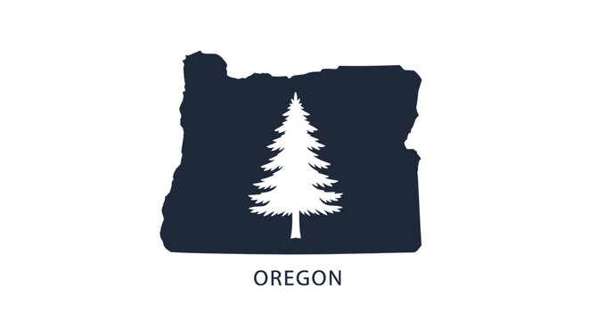 Oregon State Outline Map with Evergreen Tree Silhouette