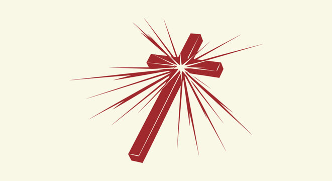 Stylized Red 3D Christian Cross Symbol with Radiant Light Beams for Religious Spiritual Projects