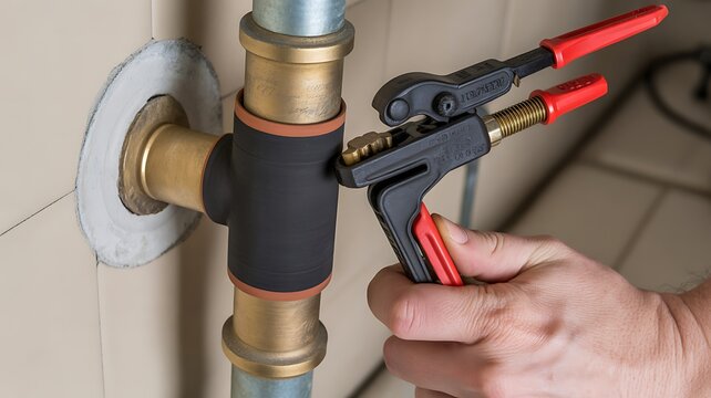 Pipe repair clamp tightly secures rubber patch on old pipe, demonstrating emergency plumbing fix for leaks in residential maintenance.