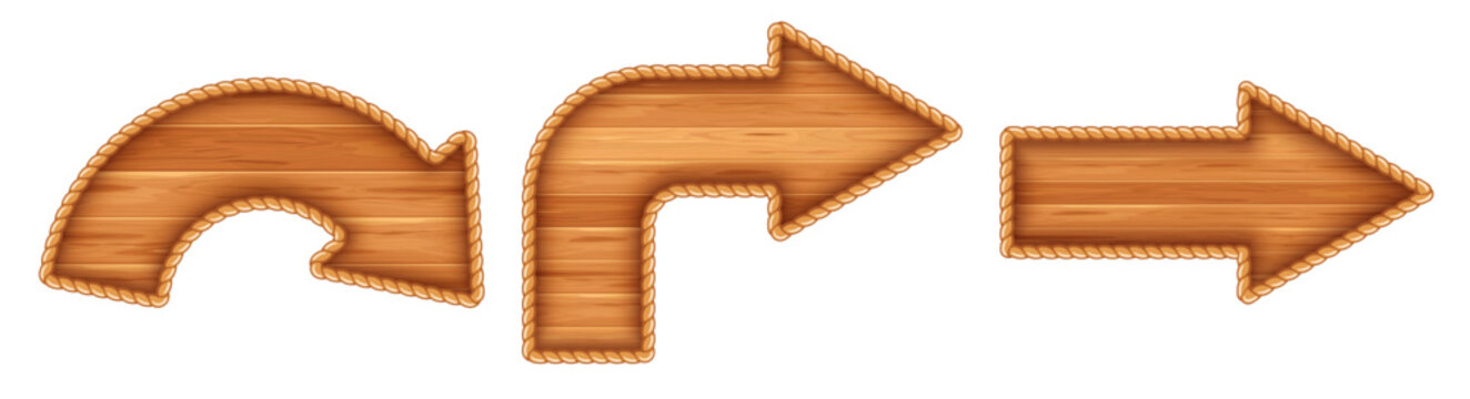 Wooden arrows edged with rope. Set of wooden circular arrow shape. Turn direction signs. Pointers with wooden texture. Vector illustration