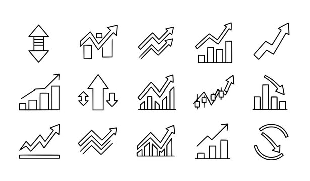 Modern increase decrease stroke icon set growth and decline stock market trend outline vector illustration